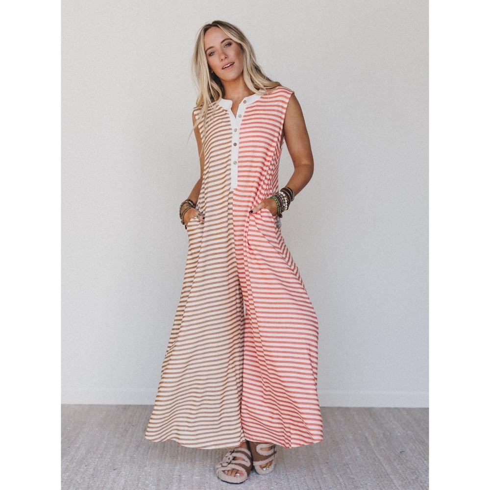 Bucket List Colorblock Stripe Sleeveless Wide Leg Cropped Jumpsuit Small